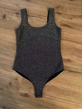 Lulu's Black Metallic Scoop Neck Bodysuit